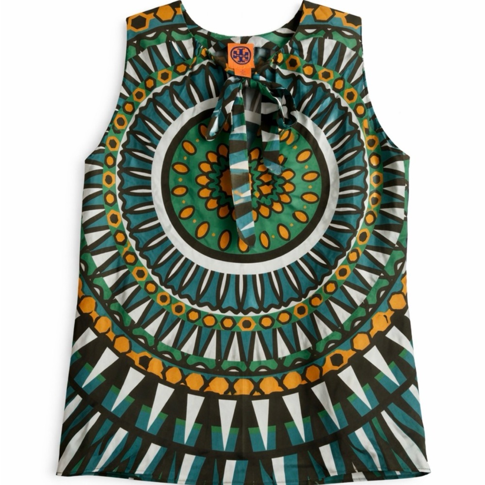 Tory Burch Green Teal and Yellow Geometric Tie-Neck Sleeveless Camisole
